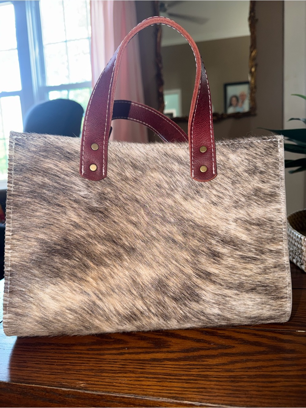Women's Brown Cowhide Tote with Red Leather Handles